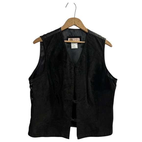 Faded Glory Jackets & Blazers - VTG Faded Glory Black Suede Leather Women's L Vest Frog Closure Western Y2K Boho